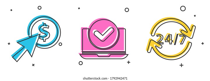 Set Cursor and coin, Laptop and Clock 24 hours icon. Vector