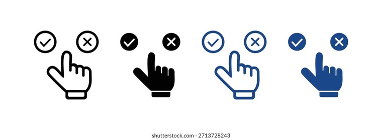 Um conjunto de ícones de mão do cursor que demonstram as opções de seleção com marca de seleção (correta) e cruzes (incorreta) em vários estilos: contorno, preto sólido, azul de contorno e azul sólido.