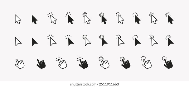 Satz von Cursorsymbolen klicken und Hand-Cursorsymbole klicken isoliert auf Hintergrund. Zeigercursor сComputermaussymbolsammlung. Durch Klicken auf den Cursor und Klicken mit der Hand werden die Symbole angezeigt. Vektorgrafik