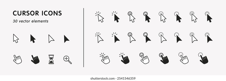 Conjunto de iconos de cursor Hacer clic y Hacer clic de iconos de cursor de mano aislados en el fondo. Cursor del puntero сcolección del icono del ratón del ordenador. Haga clic en el cursor, señalando Hacer clic de mano, iconos de reloj de arena. Ilustración vectorial