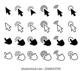 Set of cursor icons click and hand cursor icons click isolated on background. Computer mouse click cursor arrow icons set and loading Clicking cursor, pointing hand clicks icons.