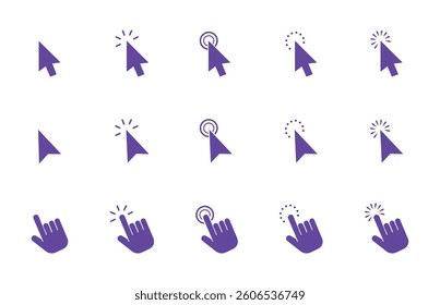 Set of cursor icons click and hand cursor icons. Pointer cursor сomputer mouse icon collection. Clicking cursor, pointing hand clicks icons. Vector illustration.