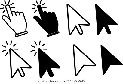 A set of cursor icons, featuring various click and mouse pointer styles. Vector illustration.