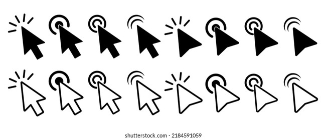 Set of cursor icons on white background. Computer mouse click - black icon. Click here, touch, press, push in computer cursor. Internet pointer, web sign.