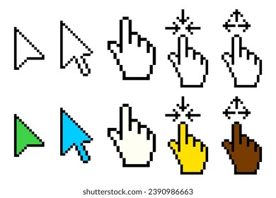 Set of cursor line icon. Computer, mouse, arrow, hover, click, highlight, screen, pixel style. Multicolored icon on white background