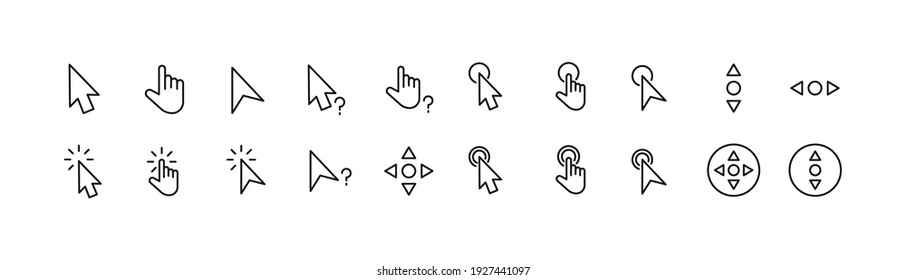 Conjunto de iconos de línea de cursor. Paquete de carteles de moda. Pixel perfecto objetos para interfaz de usuario, aplicaciones y web. 