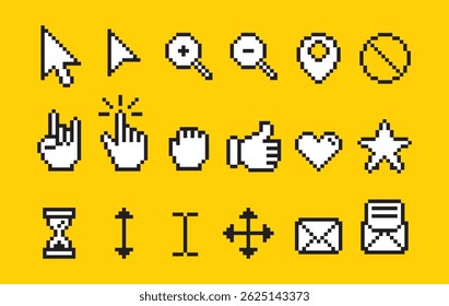 set of cursors and computuer's icon,pixel art style, icon and symbol