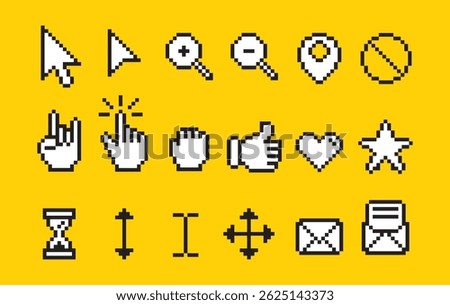 set of cursors and computuer's icon,pixel art style, icon and symbol
