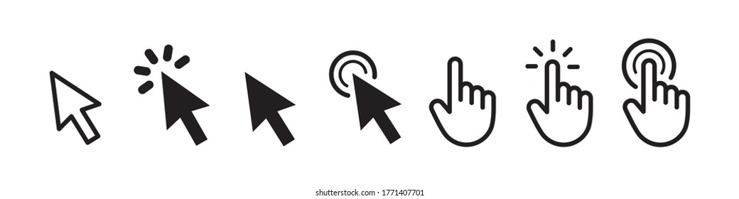 Set of cursors and hand click on a blank background