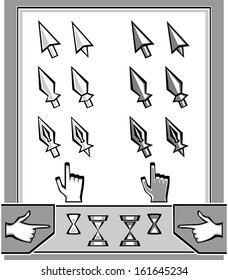 Set Cursors icons: arrow,  spear, pen, hand, hourglass for control or navigation website, internet, computer, mobile telephone, tablet,  