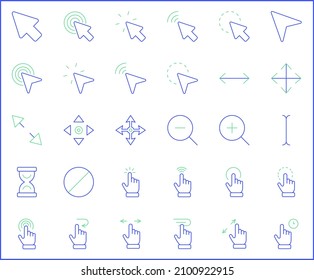 Set of cursors and selection icons line style. It contains such Icons as pointer, click, mouse, arrows, icon, clock, interface, wire frame, computer and other elements.