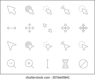 Set of cursors and selection line style. It contains such as pointer, click, mouse, arrows, icon, clock, interface, wireframe, computer and other elements.