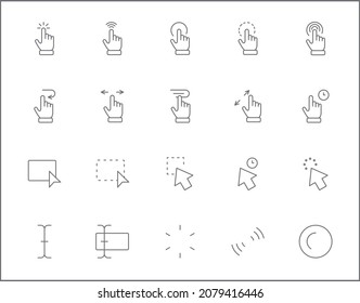 Conjunto de cursores y estilo de línea de selección. Contiene como puntero, clic, ratón, flechas, icono, reloj, interfaz, wireframe, computadora y otros elementos.