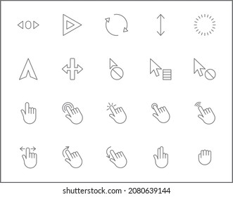 Conjunto de cursores y estilo de línea de selección. Contiene como puntero, clic, ratón, flechas, icono, reloj, interfaz, wireframe, computadora y otros elementos.