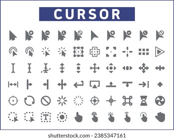 Set of cursors and selection line style. It contains such as pointer, click, mouse, arrows, icon, clock, interface, wireframe, computer and other elements.