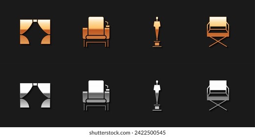 Set Curtain, Cinema chair, Movie trophy and Director movie icon. Vector