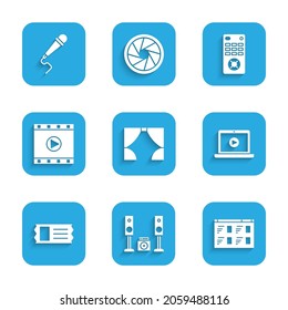 Set Vorhang, Home-Stereo mit zwei Lautsprechern, Online-Video, Kinokarte, Play Video, Remote Control und Mikrofon-Symbol. Vektorgrafik
