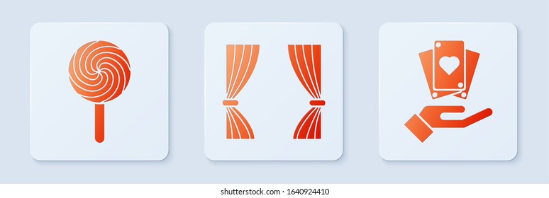 Set Curtain, Lollipop and Hand holding playing cards. White square button. Vector