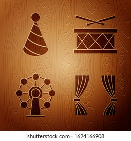 Set Curtain, Party hat, Ferris wheel and Drum with drum sticks on wooden background. Vector