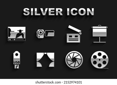 Set Curtain, Projection screen, Film reel, Camera shutter, USB flash drive, Movie clapper, Online play video and Cinema camera icon. Vector