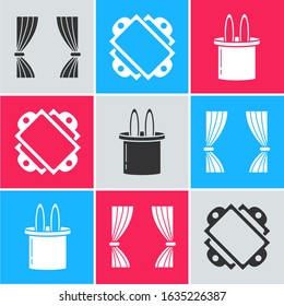 Set Curtain, Ticket and Magician hat and rabbit ears icon. Vector