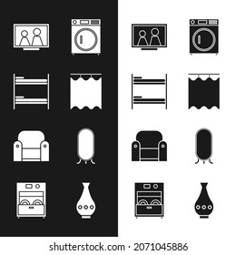 Fijar cortinas, cama de maletero, marco de imagen sobre la mesa, lavadora, sillón, gran espejo de cuerpo entero, barra y un icono de lavavajillas con cocina. Vector