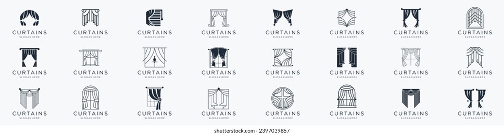 set curtains logo design inspiration. minimalist collection circus curtain,luxury blind, line art window concept. vector illustration