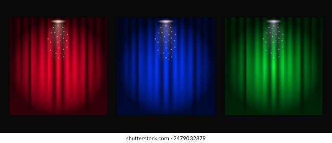 Conjunto de cortinas en el escenario con un haz de luz cayendo sobre ellos. Fondos rojos, azules, verdes con foco en teatro o cine. Cortina de terciopelo cerrado para circo, teatro, escenario y club. 
