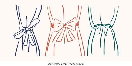 Conjunto de cortinas amarradas com vários arcos elegantes em um estilo desenhado à mão. Silhuetas de roupas femininas. Elementos vetoriais.