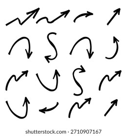 Un conjunto de icono de flecha curva, signo y símbolo de flecha, color negro y fondo blanco, diseño de ilustración eps y Elementos de doodle de flecha, 
