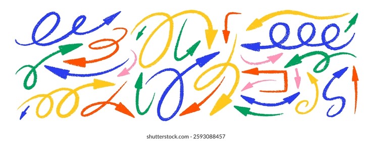Set of curve arrows with crayon, chalk or pastel texture. Rough hand drawn elements for school design. Color vector illustration isolated on a white background.