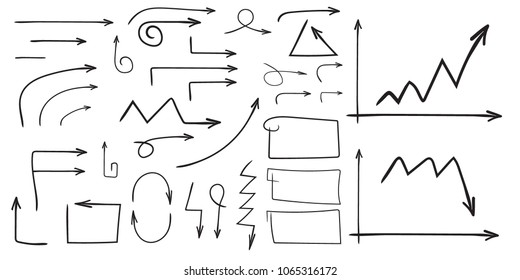 Set of curve arrows, rectangles, graph of growing statistics, falling statistics. Hand drawn style, doodle, sketch, vector illustration.