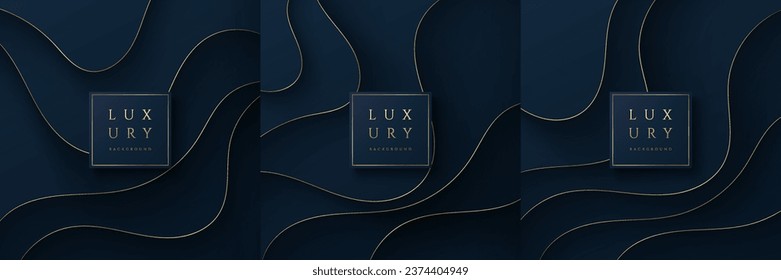 Conjunto de rayas de líneas doradas brillantes que se solapan sobre el fondo de las capas azul oscuro. Lujoso y elegante diseño ondulado con espacio para copiar. Diseño de vectores para plantilla de portada, afiche, web de banners, anuncio de impresión.