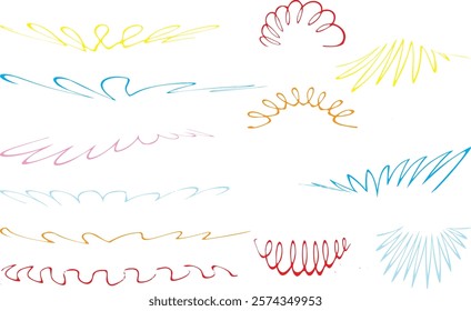 Set curve hand drawn colorful wavy lines Spiral elements scribble line Doodle borders Abstract curved dividers Arch line 