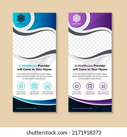 Set Of Curve Vertical Roll Up Banner Design Template For A Healthcare Provider. White Background With  Blue And Purple On Element. Space For Photo Collage And Text. Infographic Icon.