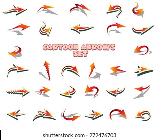 Set of curved arrow signs drawn in cartoon style. Isolated on white background.