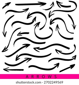 Set curved arrows. Collection line marker arrows in different directions. Curved and wavy brush. Vector illustration.