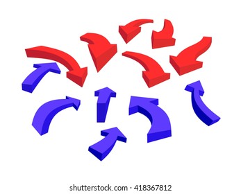 set of curved arrows in counteraction between red and blue counterposed pointers on white background
