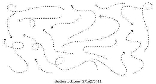 Conjunto de flechas curvas con líneas discontinuas. Vector de flechas con líneas punteadas. Flecha de puntos ondulados, Vector rayado línea curva flecha conjunto.