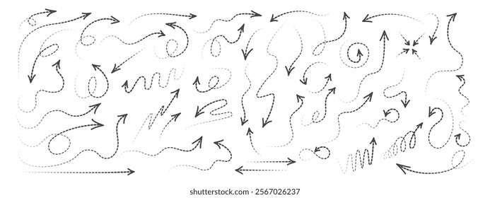 Set of curved arrows with dotted lines. A collection of zigzag arrows with dotted lines, curved pointers indicating a complex path . Vector simple design.