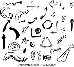 Set of curved arrows hand drawn. Sketch doodle style. Collection of pointers.Doodle hand drawn vector arrows set. Pointer isolated black symbols on white background