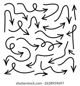 Set of curved arrows hand drawn. Sketch doodle style.