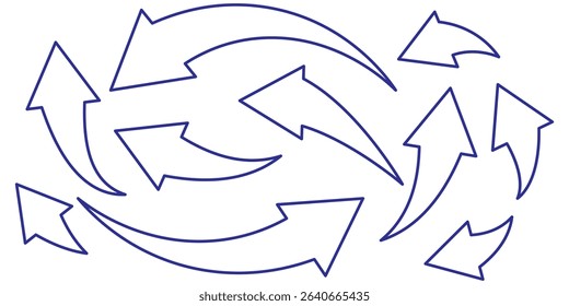 Set of curved arrows icon vector. Super set different shape hand drawn arrows. Curved arrows set with editable stock vector.
