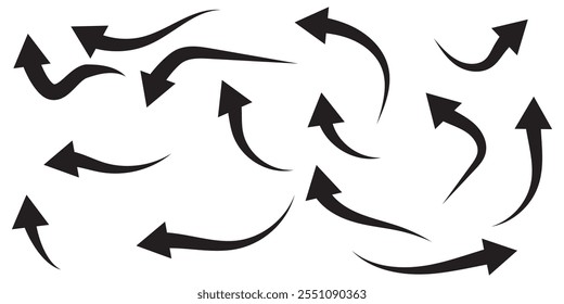 Set of curved arrows isolated on white background. Curved arrows, hand drawn curved arrows. Collection of pointers. Vector illustration