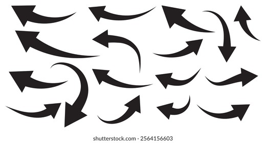 Set of curved arrows isolated on white background. Curved arrows, hand drawn curved arrows. Collection of pointers.