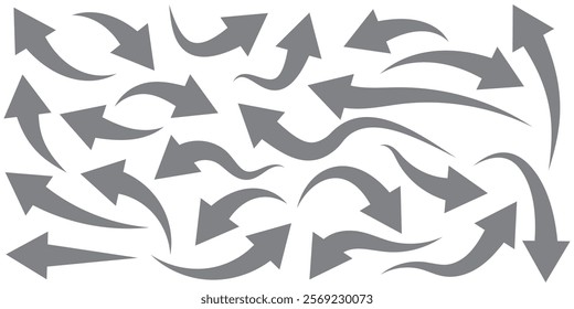 Set of curved arrows isolated on white background. Curved arrows, hand drawn curved arrows. Collection of pointers. Black curve arrow icon vector set illustration. Curve arrow set.