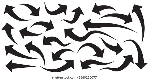 Set of curved arrows isolated on white background. Curved arrows, hand drawn curved arrows. Collection of pointers. Black curve arrow icon vector set illustration. Curve arrow set.