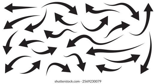 Set of curved arrows isolated on white background. Curved arrows, hand drawn curved arrows. Collection of pointers. Black curve arrow icon vector set illustration. Curve arrow set.