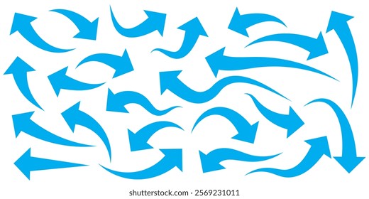 Set of curved arrows isolated on white background. Curved arrows, hand drawn curved arrows. Set long blue curve arrow icon vector . blue curve arrow icon set. long arrow icon set. curve arrow vector.