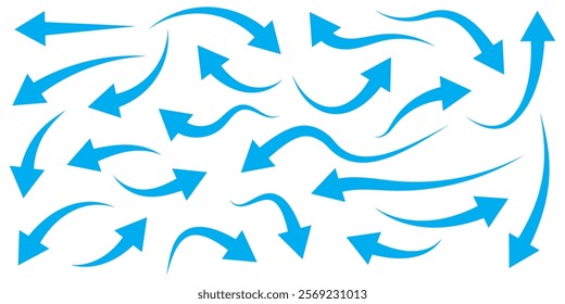 Set of curved arrows isolated on white background. Curved arrows, hand drawn curved arrows. Set long blue curve arrow icon vector . blue curve arrow icon set. long arrow icon set. curve arrow vector.